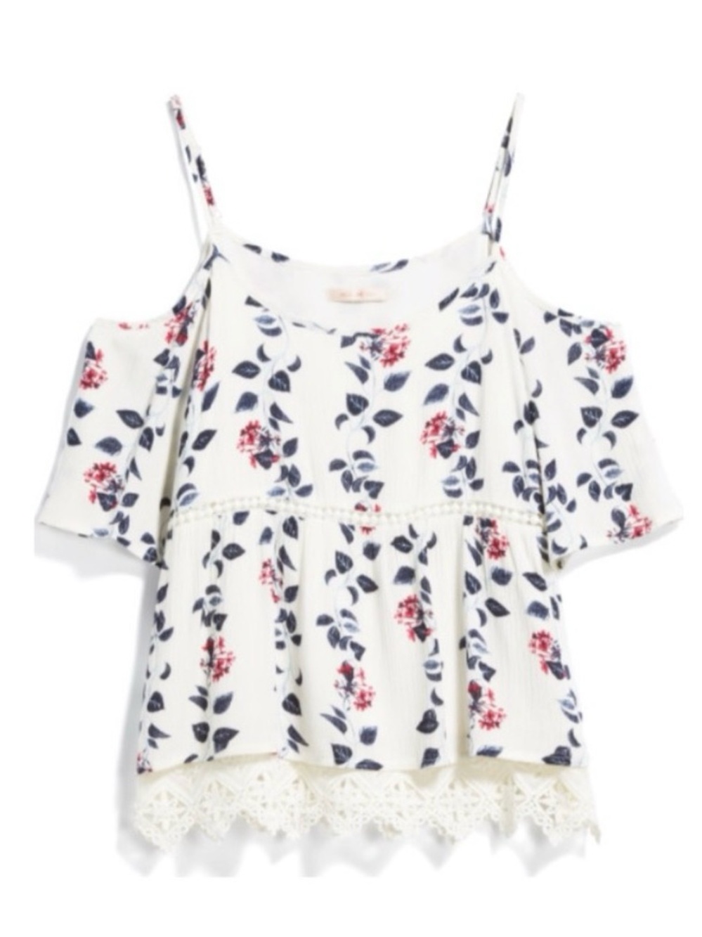 Skies Are Blue White Cold-Shoulder Floral Camisole with Lace Hem